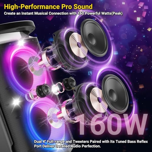 Portable Bluetooth Party Speaker: 160W Peak Powerful Loud Sound Deep Bass Largest Subwoofer 15 Hours Battery Life Fast C