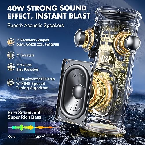 W-KING D320 V5.3 40W Bluetooth Speaker for Outdoor Use with Party Lights and 360 Sound